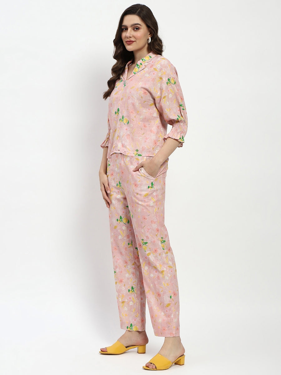 Madame Floral Print Cotton And Linen Peach Co-Ord Set