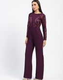 Madame Plum Embellished Mesh Wine Jumpsuit with Long Sleeves