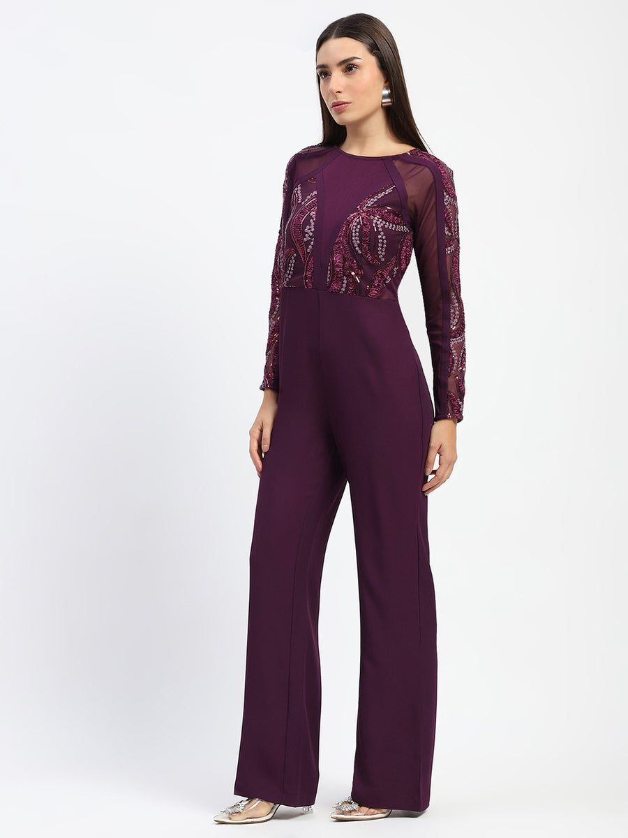 Madame Plum Embellished Mesh Wine Jumpsuit with Long Sleeves