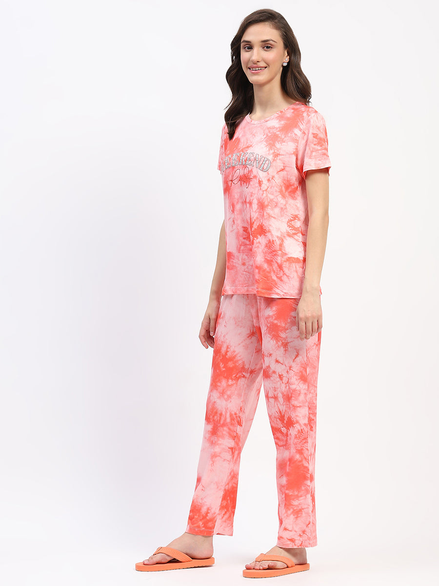 mSECRET Tie Dye Coral Typography Print Two Piece Night Suit