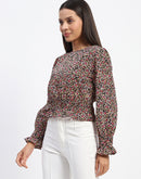 Madame Floral Print Cinch Waist Black Top