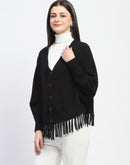 Madame Fringe Detailed Button Down Black Sweater