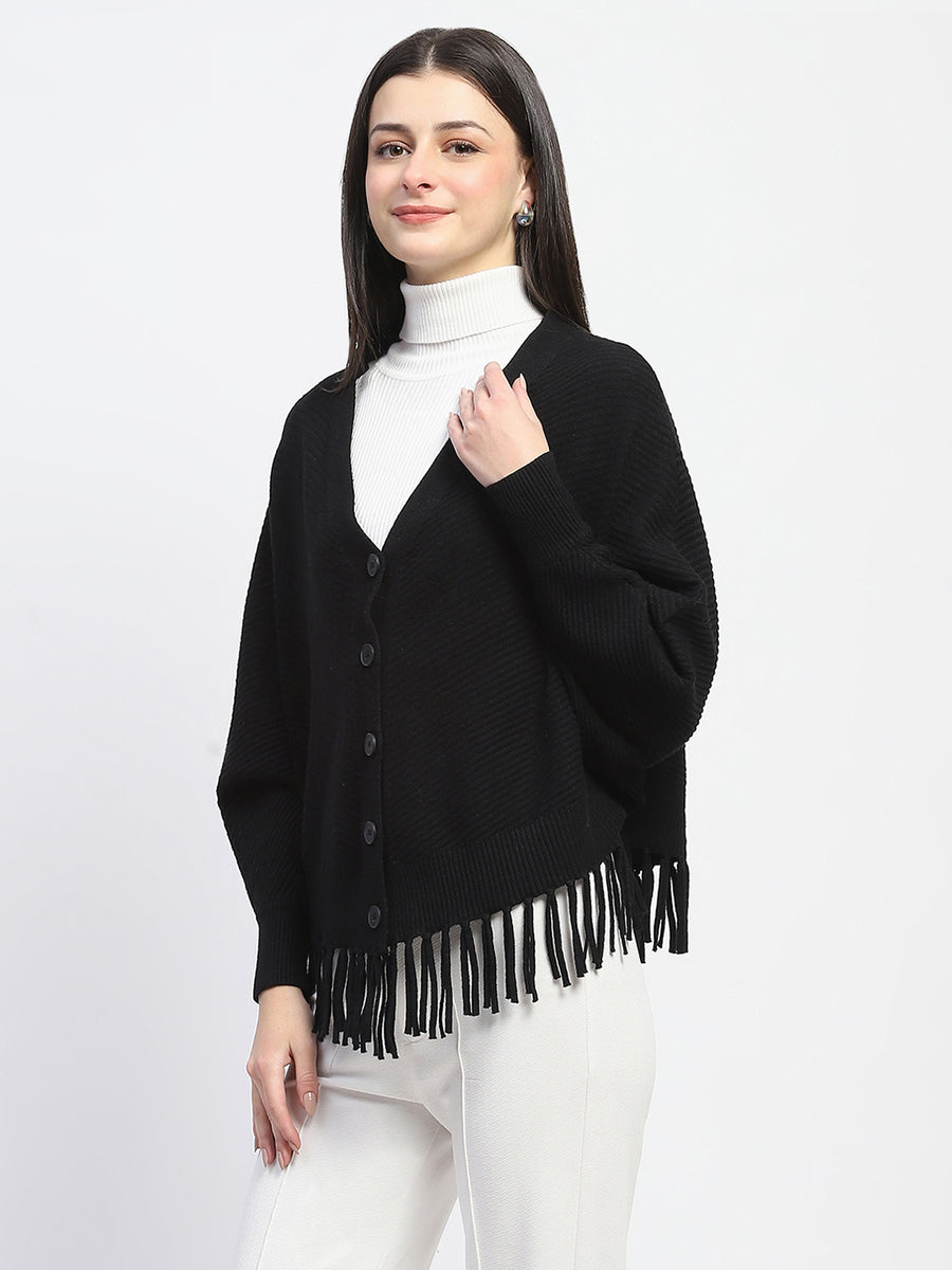 Madame Fringe Detailed Button Down Black Sweater