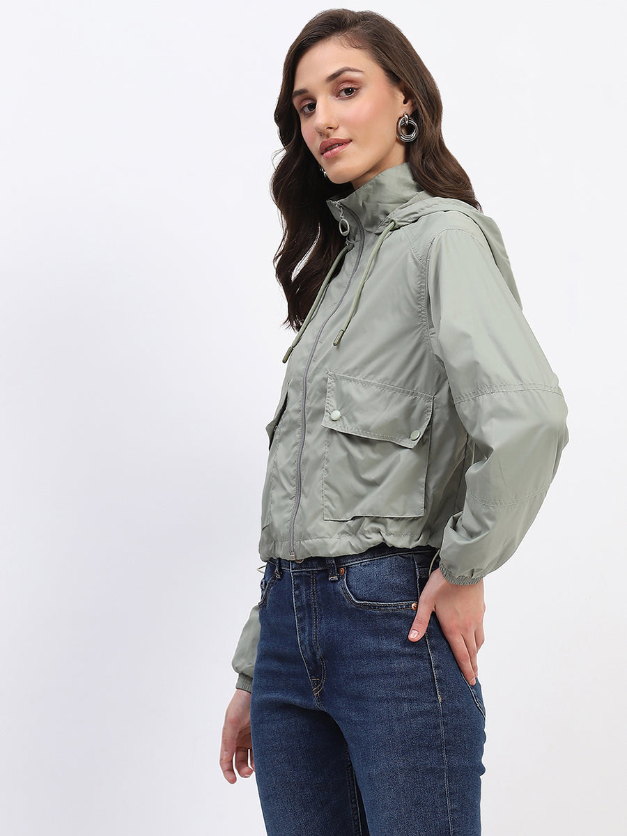 Madame Olive Green Cropped Windbreaker Jacket