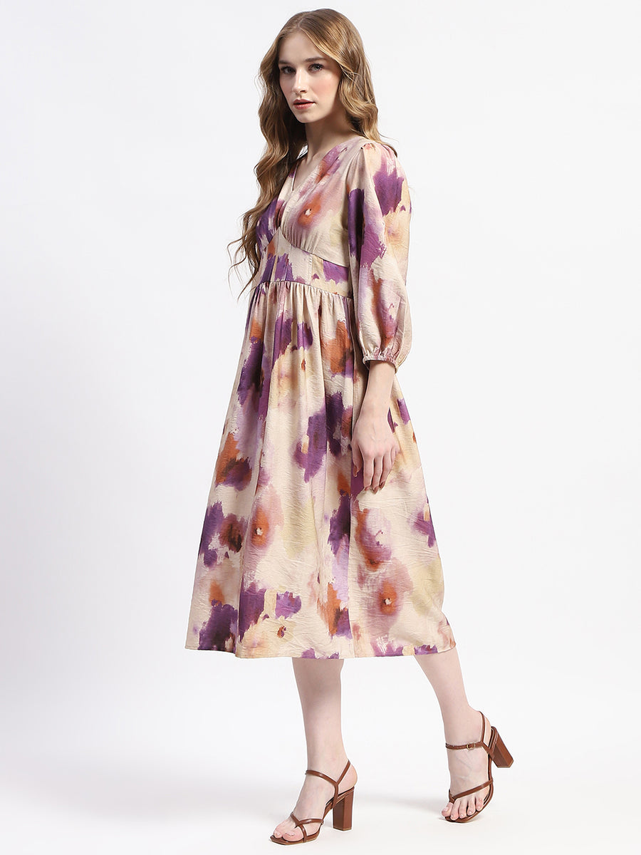 Madame Empire Waist Floral Print Beige Cotton Midi Dress