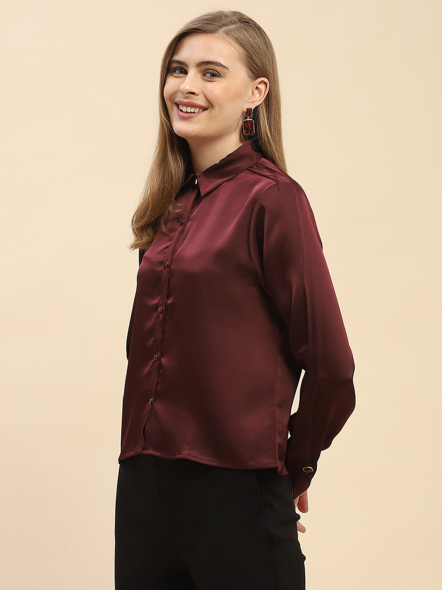 Camla Barcelona Solid Maroon Satin Shirt