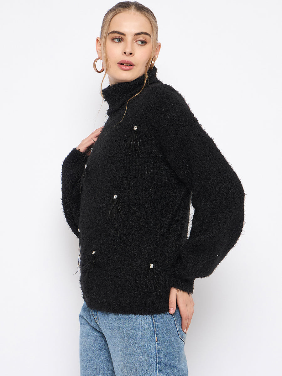 Madame Embellished Turtleneck Black Sweater