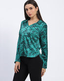 Madame Stylish Teal Green Leaf Print Shirt with Long Sleeves