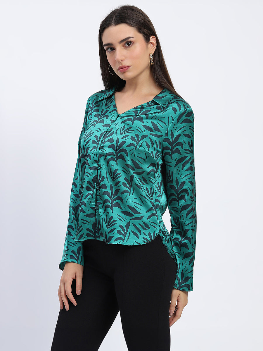 Madame Stylish Teal Green Leaf Print Shirt with Long Sleeves