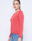 Madame Solid Coral Button Down  Crew Neck Cardigan