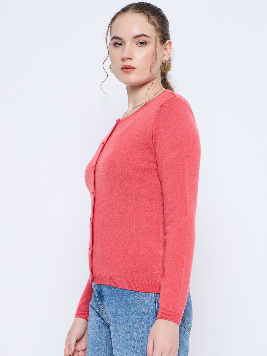 Madame Solid Coral Button Down  Crew Neck Cardigan