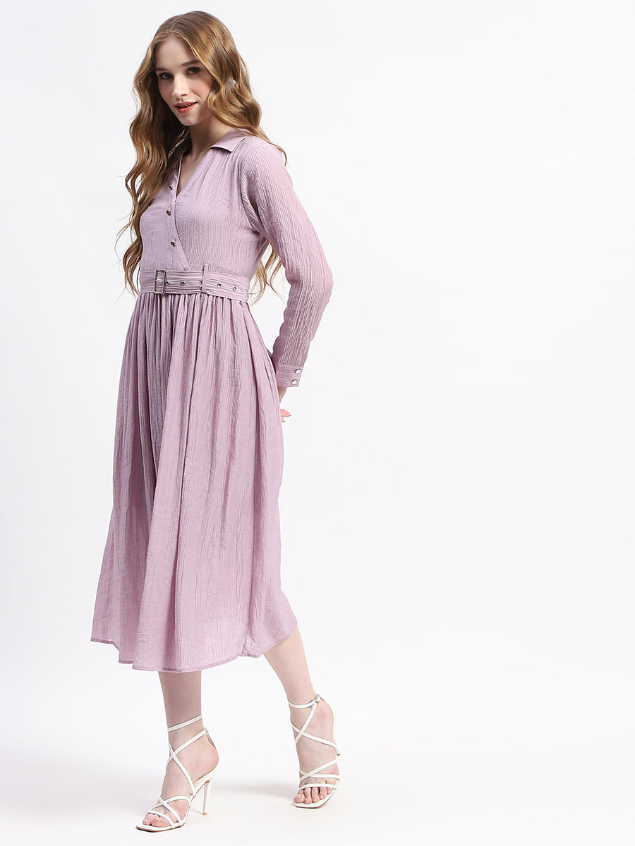 Madame Pleated Cotton Blend Mauve Shirt Dress