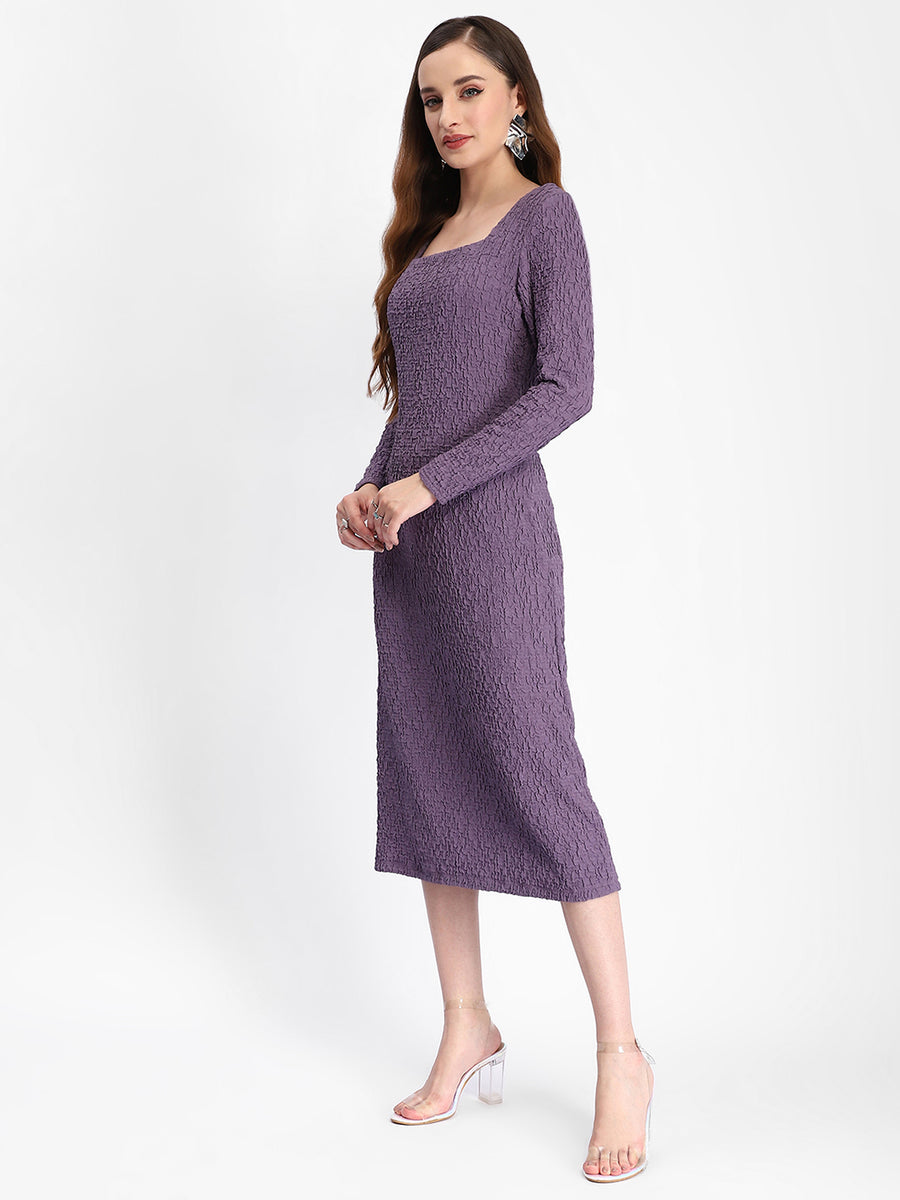 Madame Self Design Purple Midi Sheath Waffle Dress