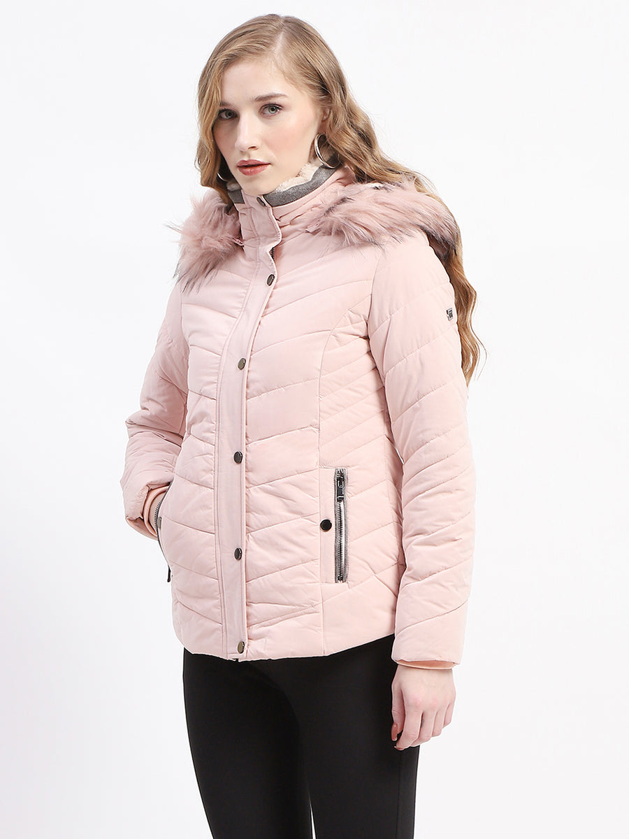 Madame Light Pink Faux Fur Hood Quilted Puffer Jacket