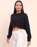 Camla Barcelona Cotton Cable Knit Navy Blue Crop Sweater