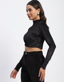 Madame Shimmery Wrap Black High Neck Crop Top