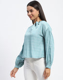 Madame Tie Neck Puff Sleeve Chequered  Aqua Blue Top