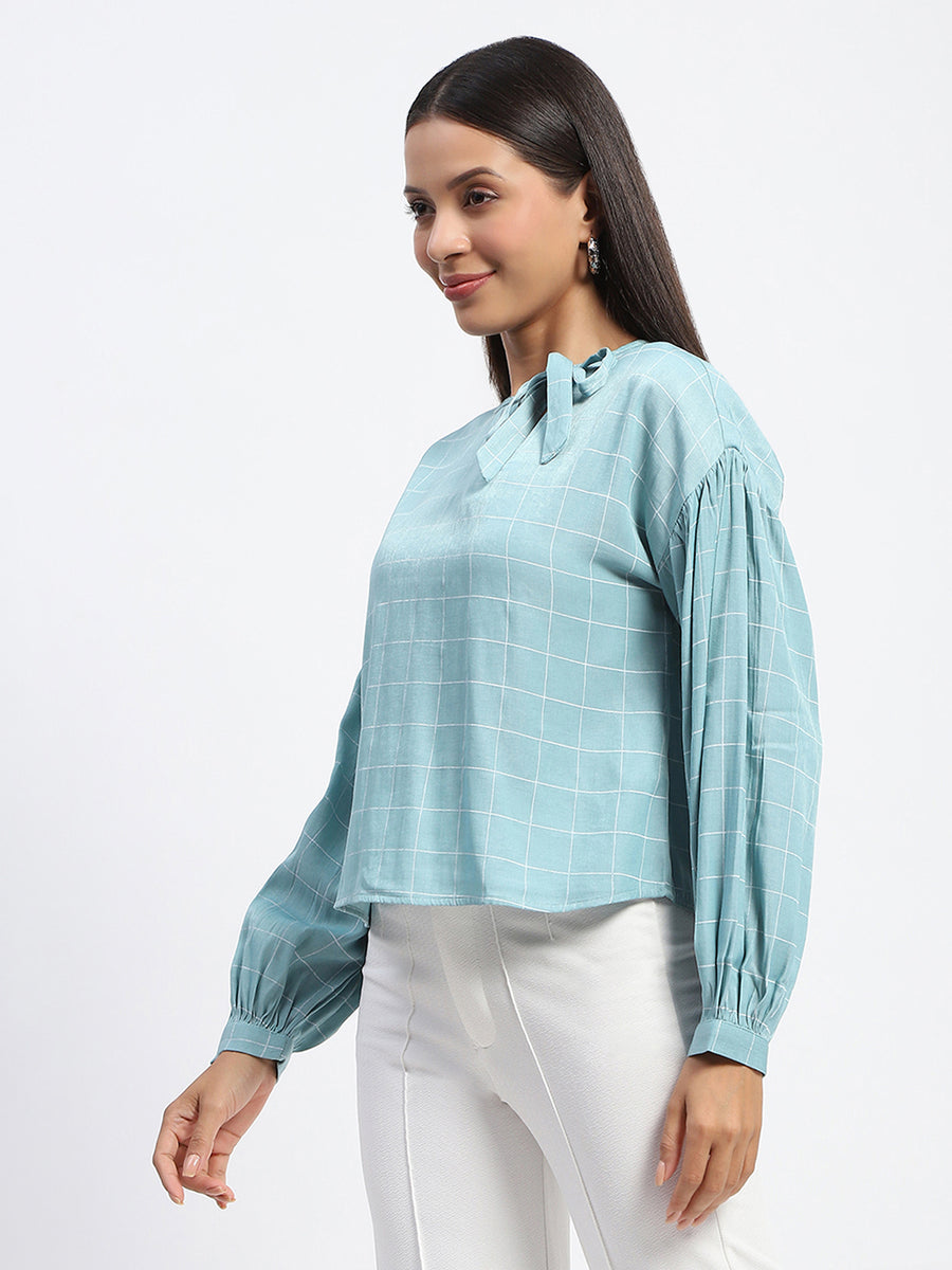 Madame Tie Neck Puff Sleeve Chequered  Aqua Blue Top