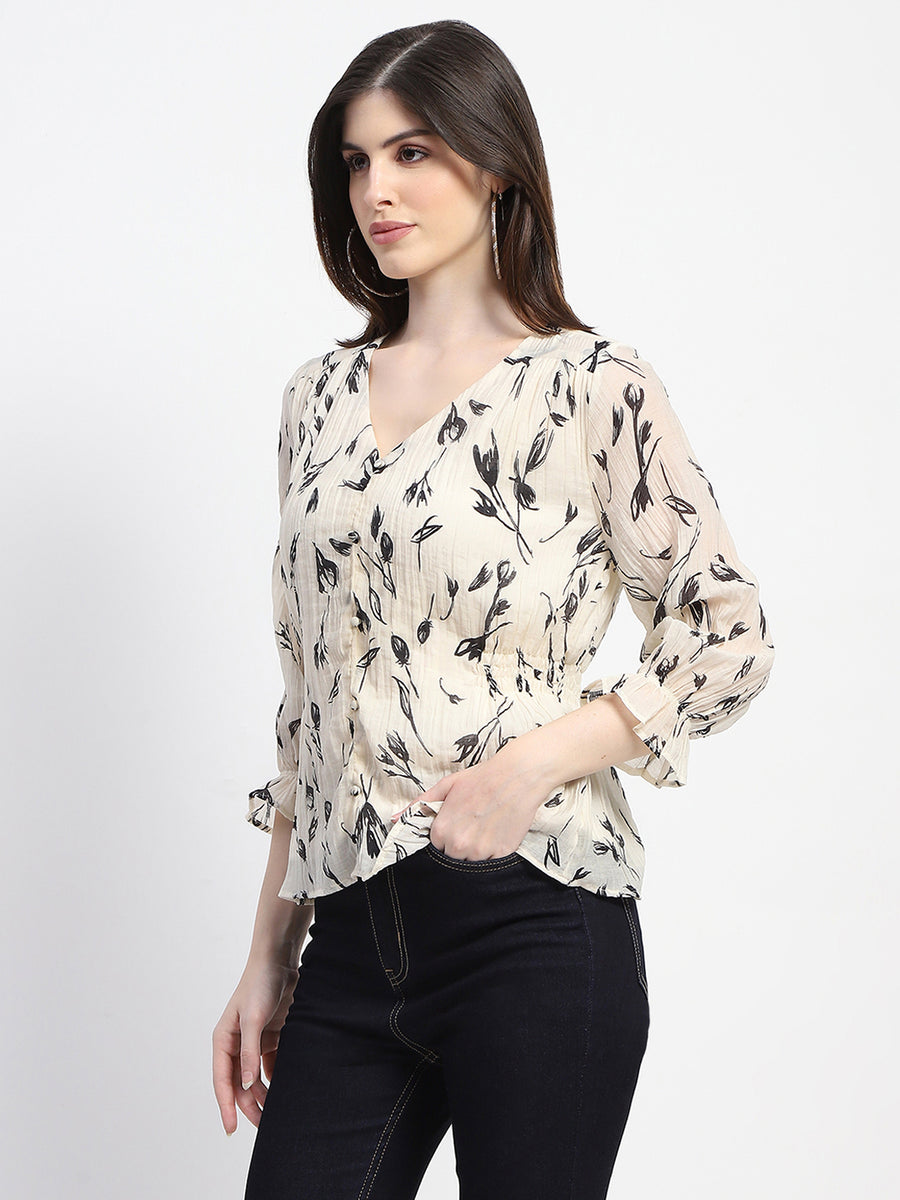 Madame Abstract Print V- Neck Black Top