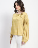 Madame Tie Neck Puff Sleeve Chequered Yellow Top