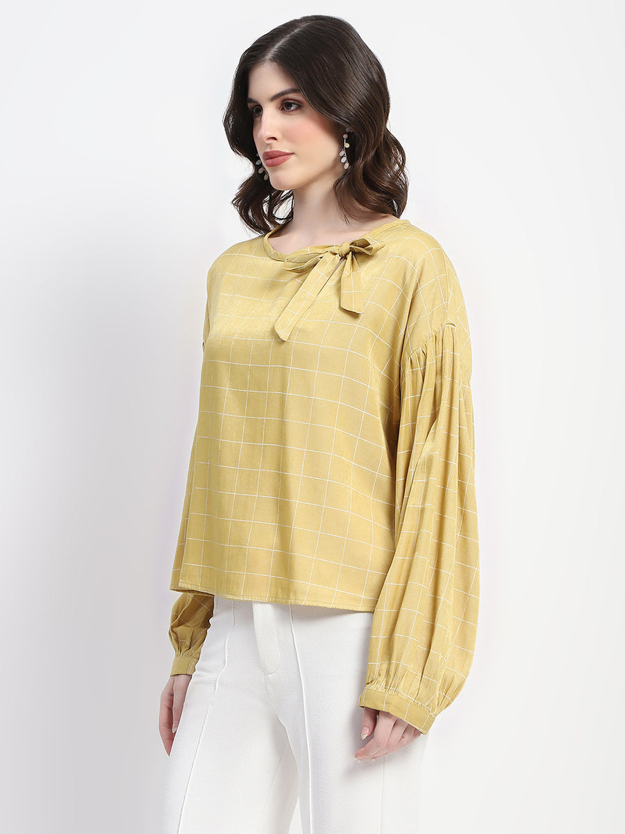 Madame Tie Neck Puff Sleeve Chequered Yellow Top