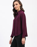 Madame Frayed Detailing Cuff Sleeve Plum Shirt