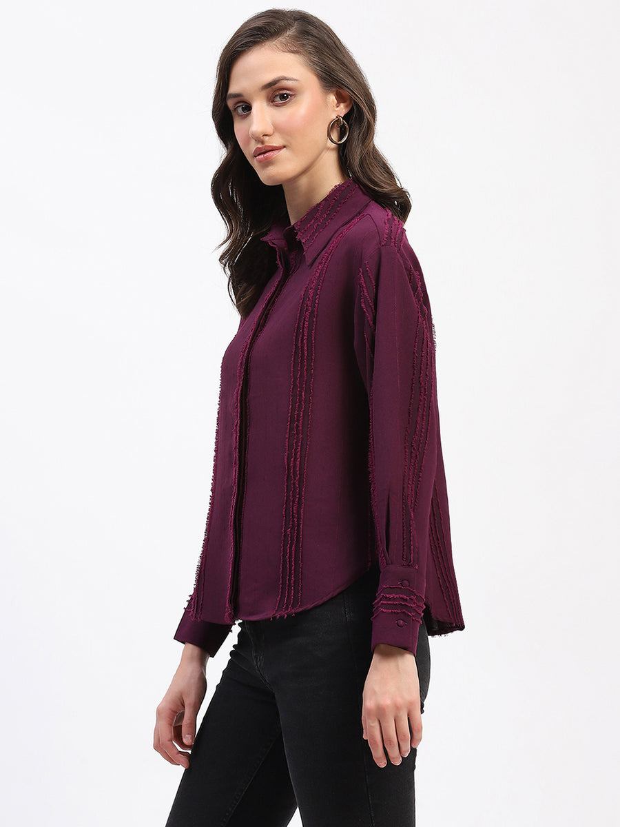 Madame Frayed Detailing Cuff Sleeve Plum Shirt