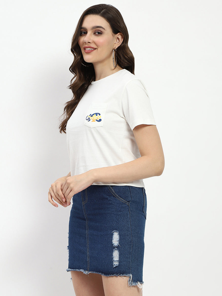 Madame 3D Print Front Pocket White Cotton T-Shirt