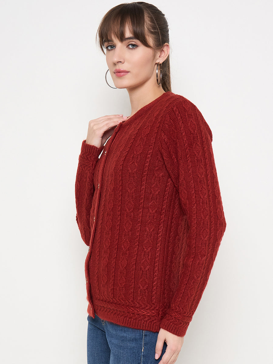 Madame Self Design Crew Neck Rust Cardigan