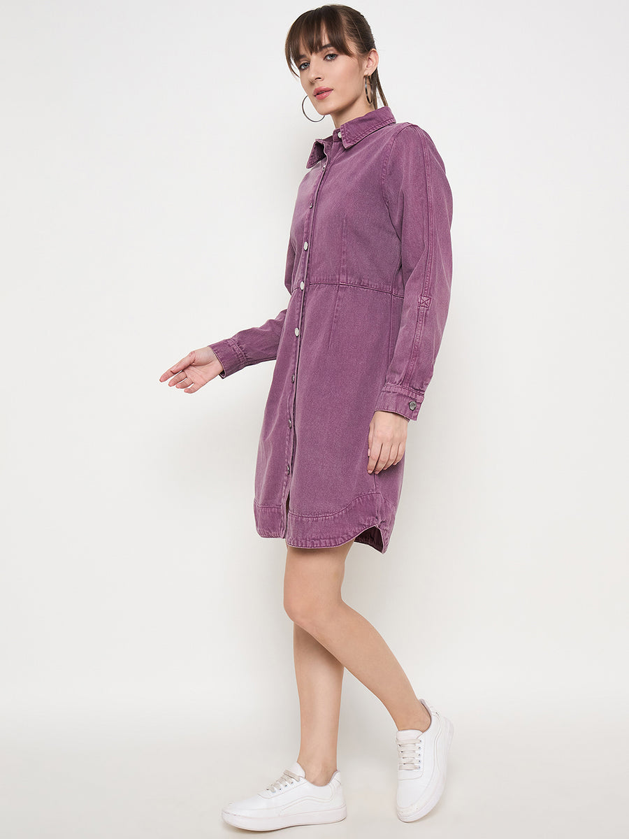 Madame Buttoned Plum Cotton Shirt Dress