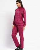 mSECRET Typography Adorned Zipped Top and Bottom Wine Cotton Night Suit