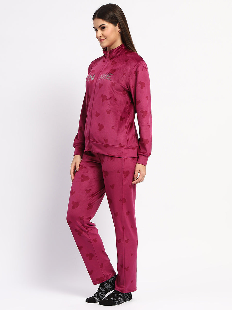 mSECRET Typography Adorned Zipped Top and Bottom Wine Cotton Night Suit