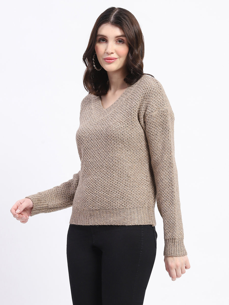 Madame V Neck Relaxed Fit Brown Sweater