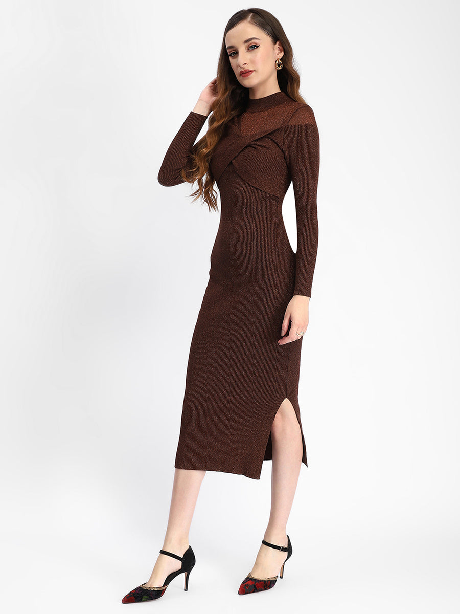 Madame Twisted Detailing Ribbed Bodycon Brown Dress