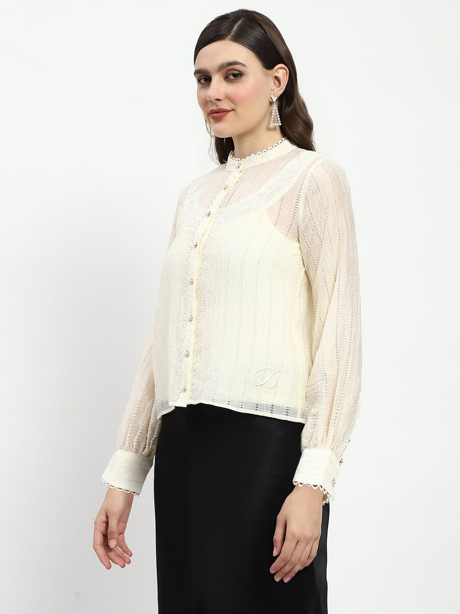 Madame Bridgerton Embroidered Lacework Beige Tencel Shirt