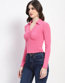 Madame Collared Neckline Scallop Hem Ruched Pink Top