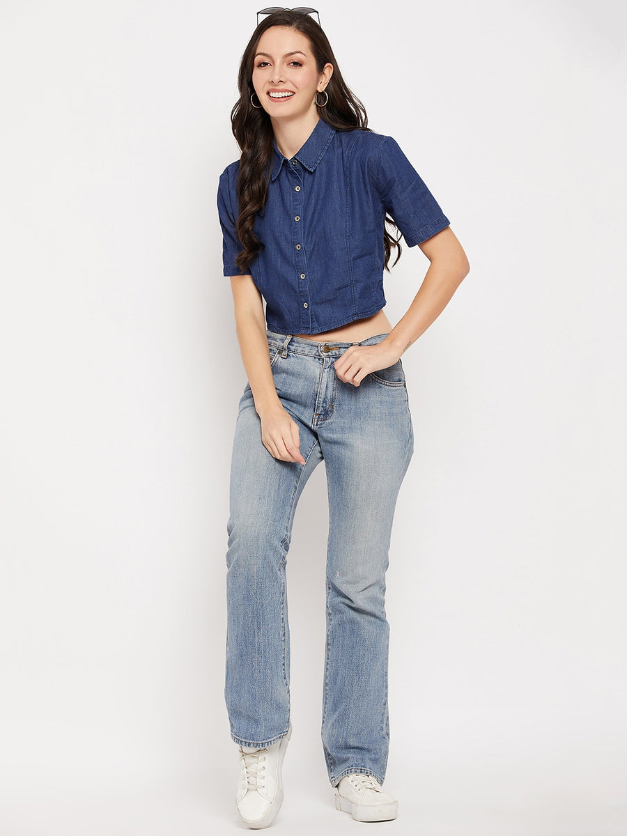 Madame Shirt Collar Denim Crop Top