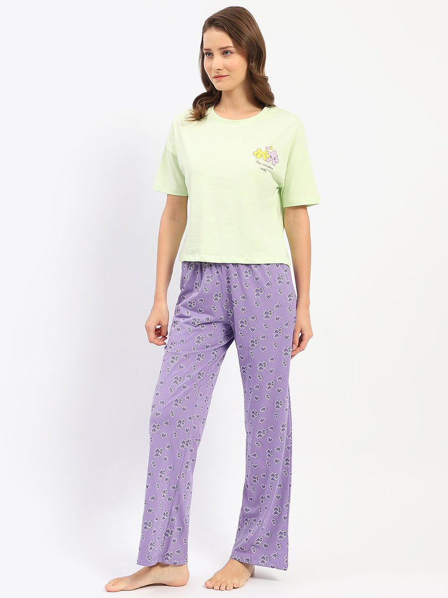 mSECRET Printed Lime and Purple Nightsuit Set