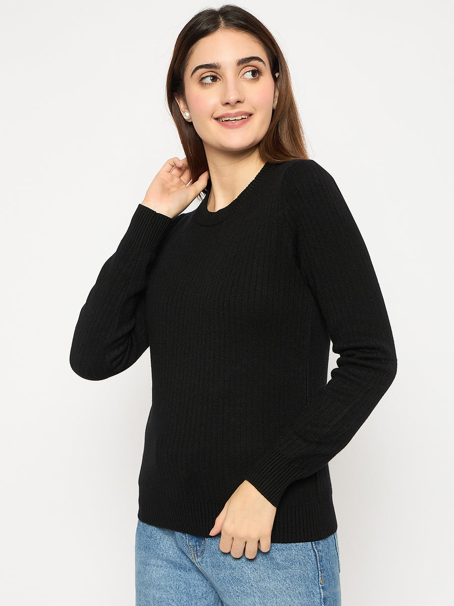 Madame Ribbed Cuffs Round Neck Black Sweater