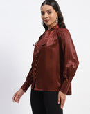 Madame Tie Up Neck Cuffed Sleeve Brown Top