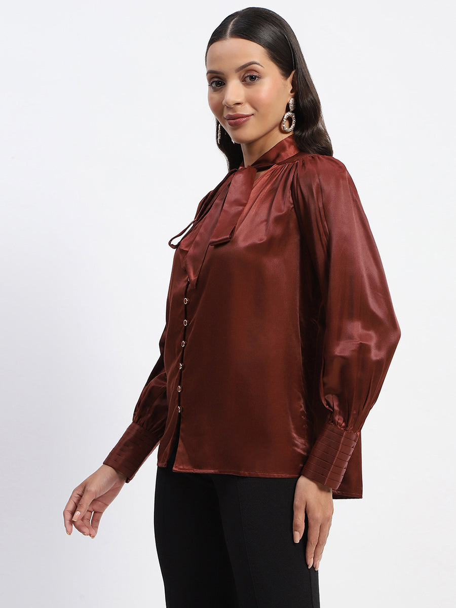 Madame Tie Up Neck Cuffed Sleeve Brown Top