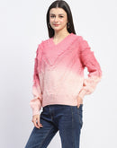 Madame Ombre Print Textured V Neck Pink Sweater