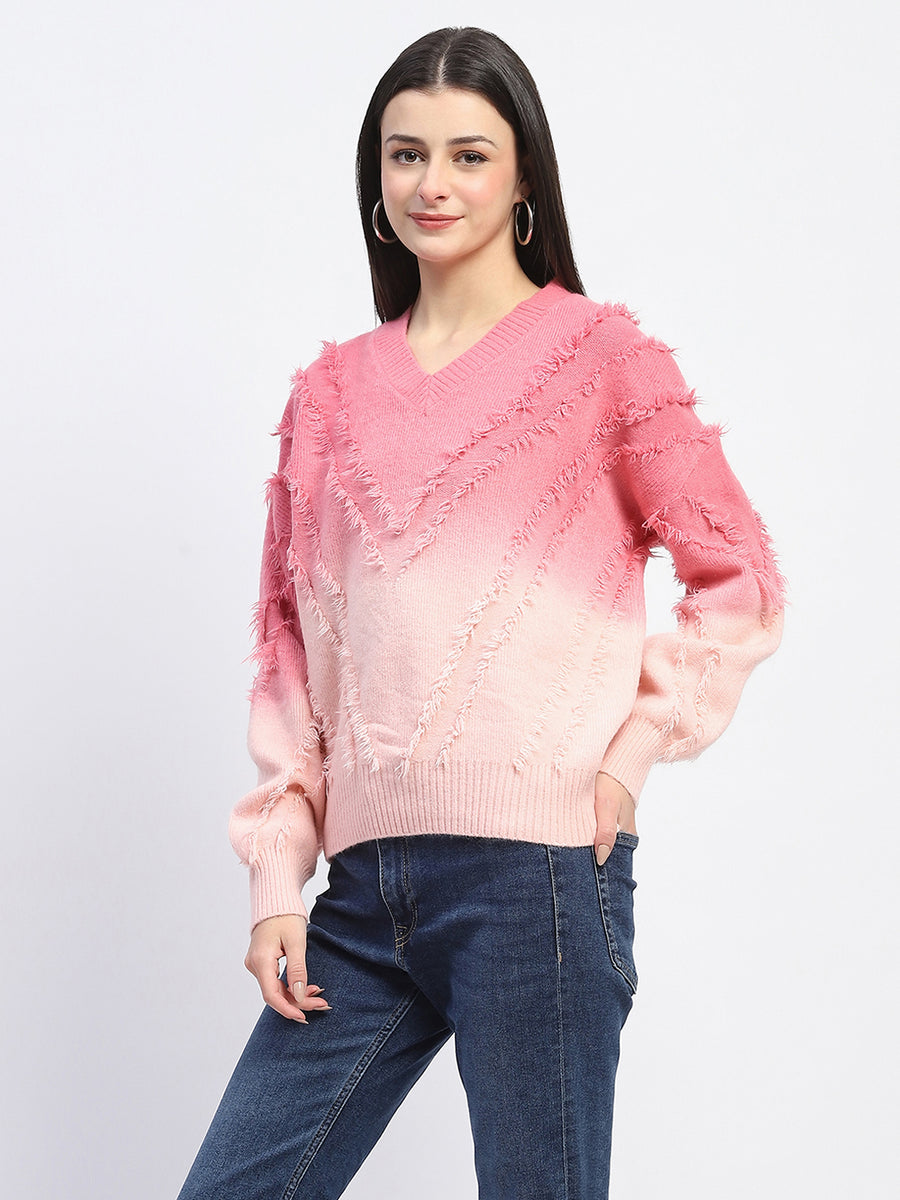 Madame Ombre Print Textured V Neck Pink Sweater