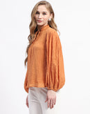 Madame Mock Neck Solid Orange Cotton Blend Top