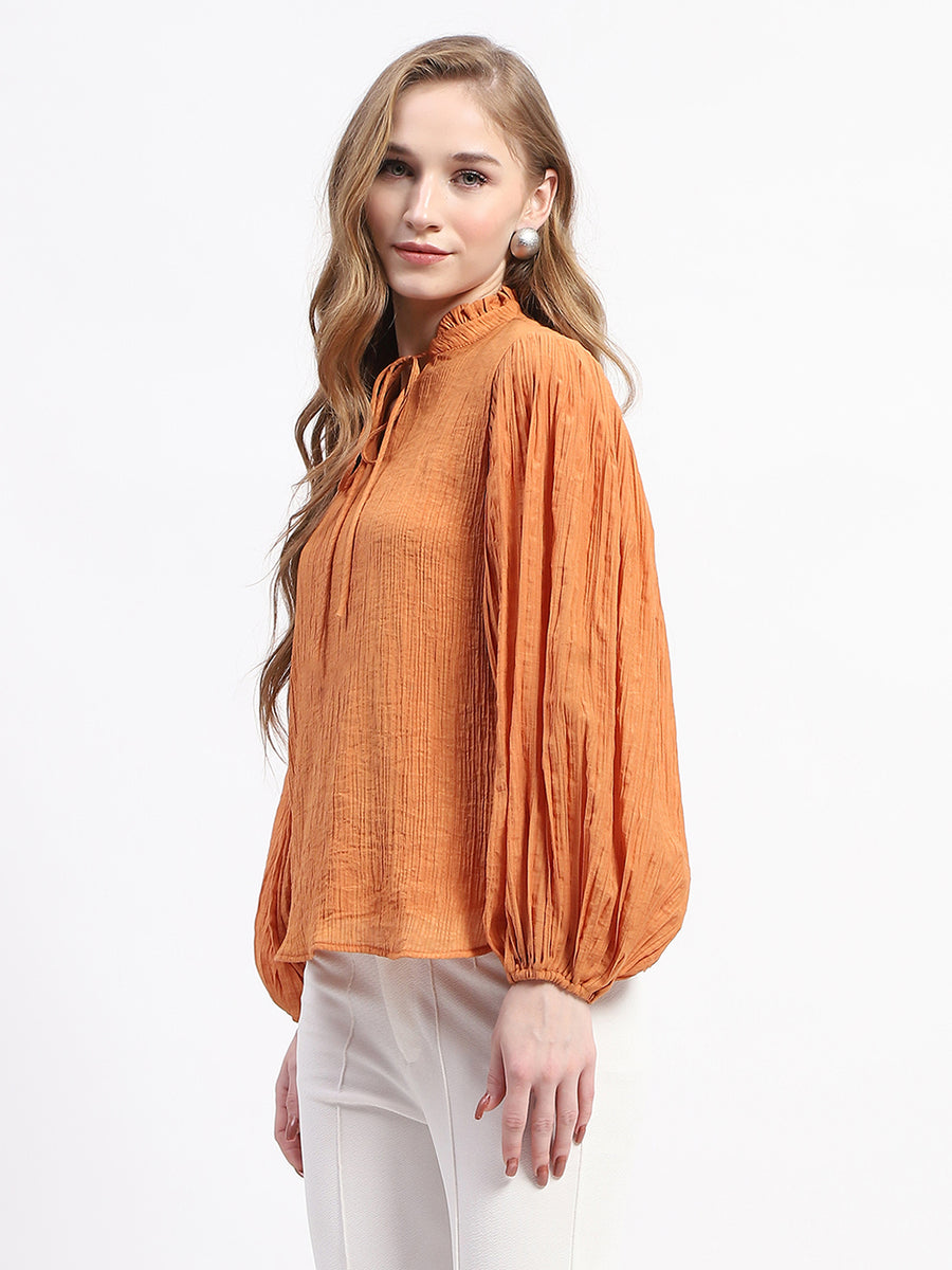 Madame Mock Neck Solid Orange Cotton Blend Top