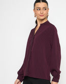 Madame Embellished Striped Cuff Sleeved Plum Top