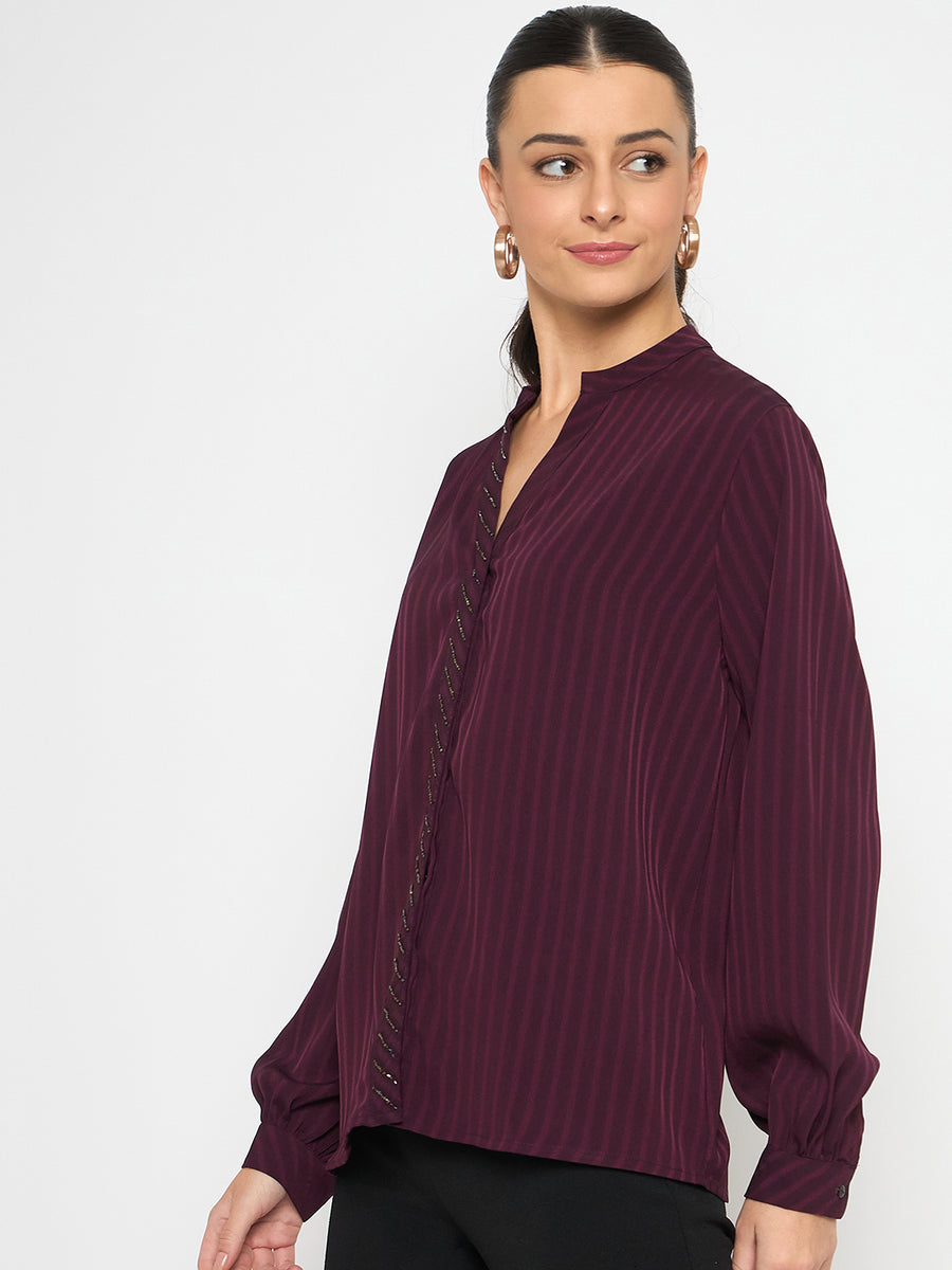 Madame Embellished Striped Cuff Sleeved Plum Top