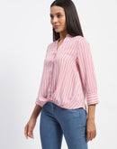 Madame Striped Mandarin Collar Pink Button Down Shirt