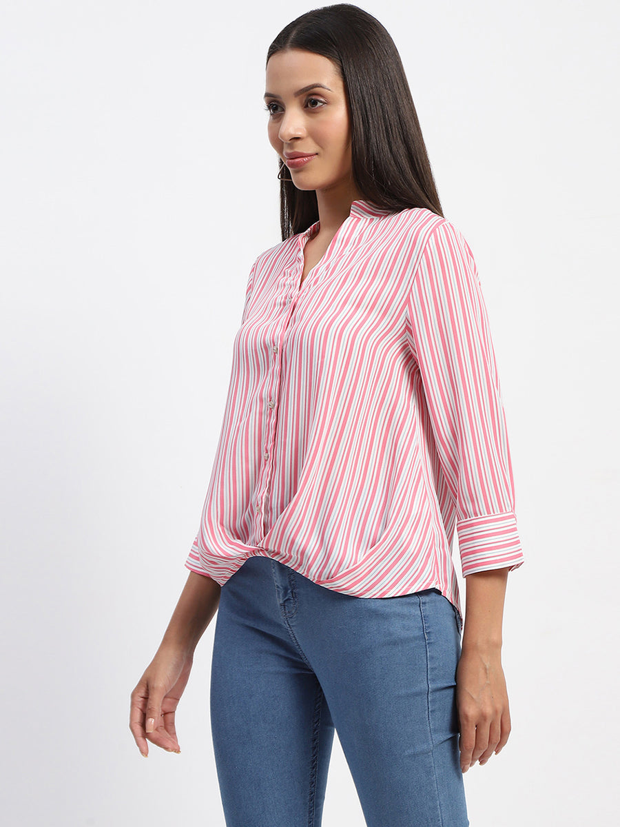 Madame Striped Mandarin Collar Pink Button Down Shirt