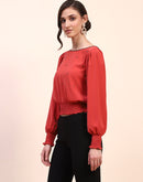 Camla Barcelona Embellished Boat Neck Cinch Waist Red Top